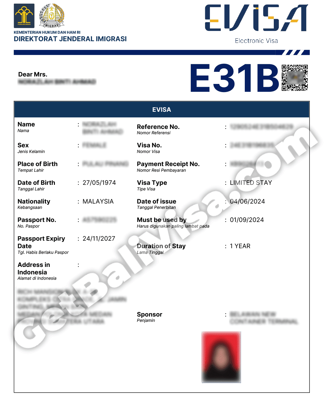Indonesia family visa E31A