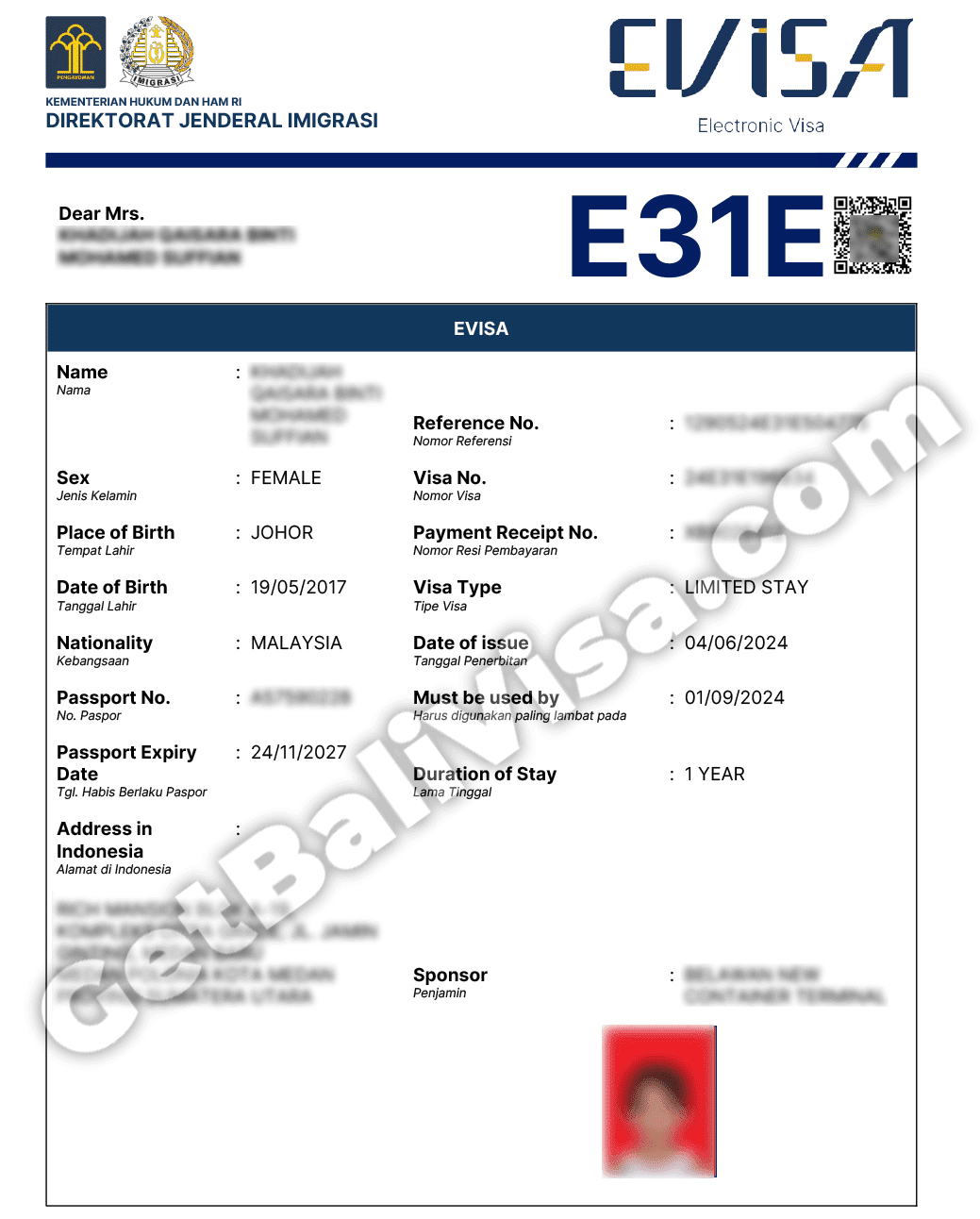Indonesia family visa E31A