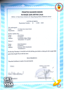 letter of birth baby visa bali