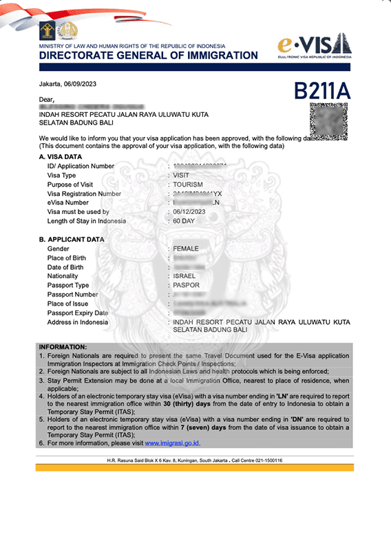 INDONESIA BALI B211A CALLING VISA ISRAEL