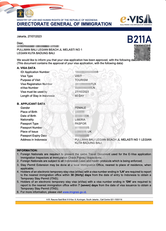 INDONESIA BALI B211A CALLING VISA LIBERIA