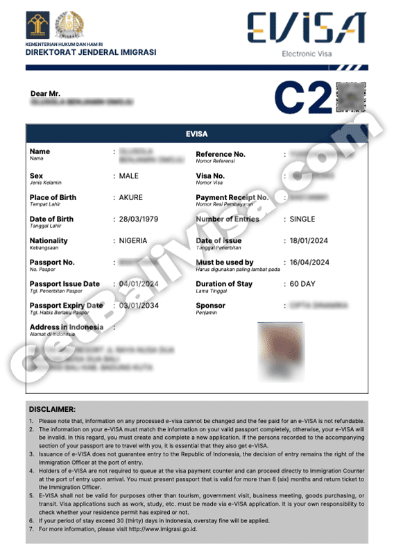 Indonesia Bali b211a calling visa Nigeria