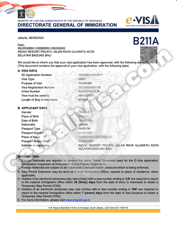 Indonesia Bali b211a calling visa Israel